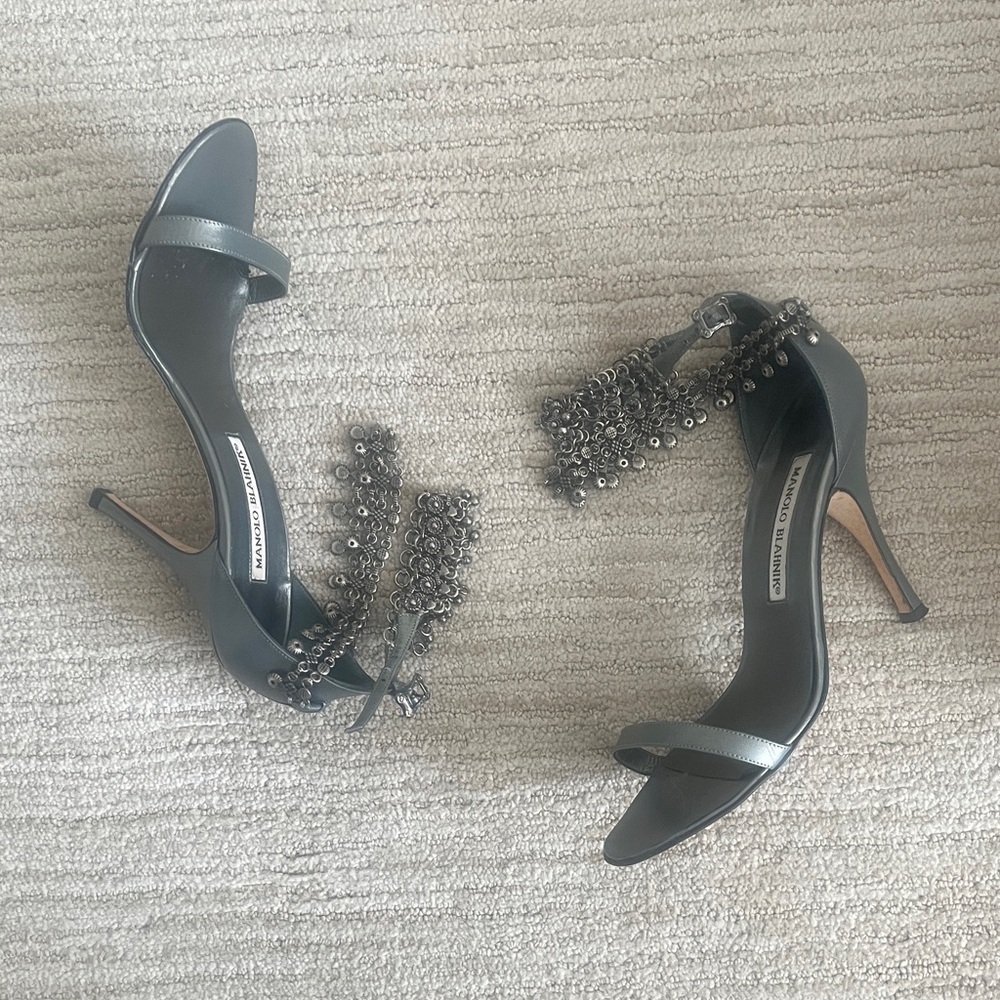 Manolo Blahnik Hourisan Pewter Leather Chain Link Strap Sandals, 36.5